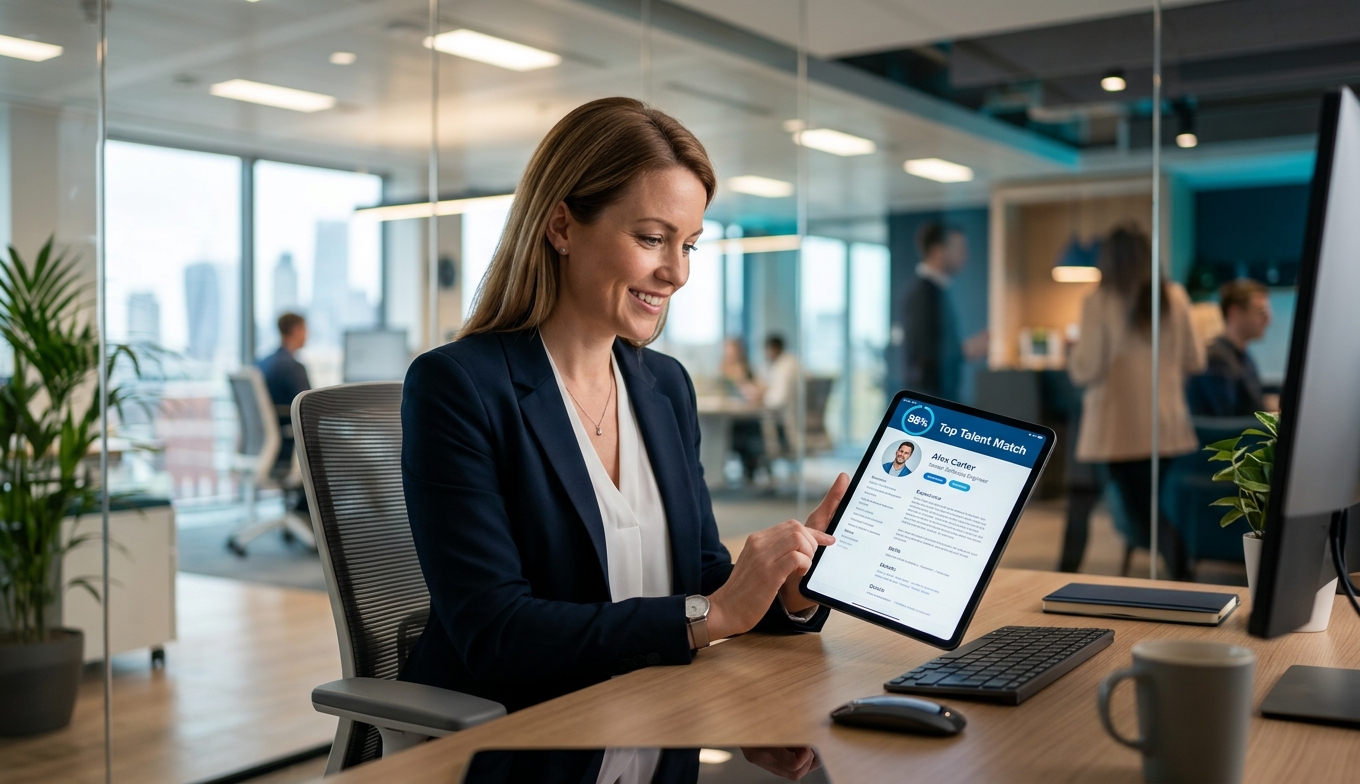 HR professional reviewing top talent match on tablet