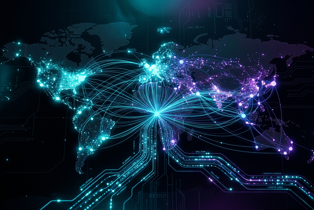 Conceptual visualization of automated startup fundraising networks and global VC connections