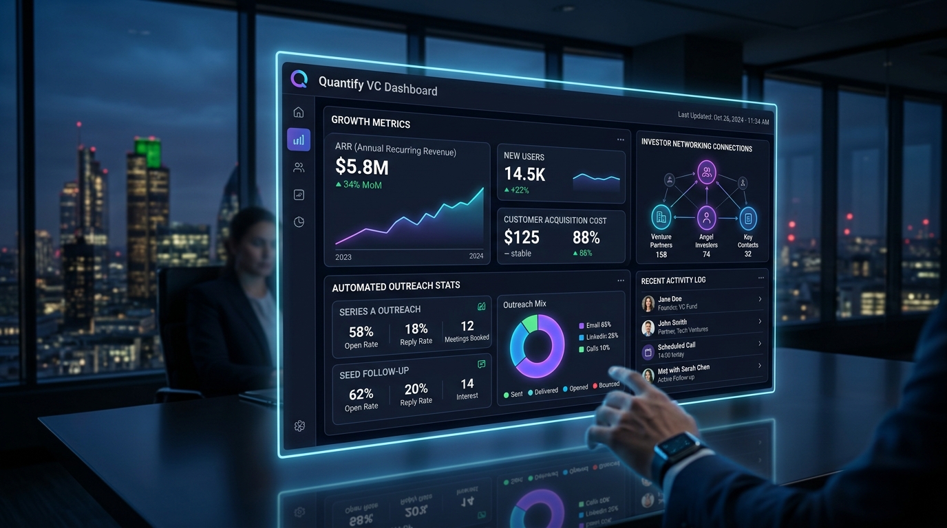 Futuristic dashboard showing investor relations automation metrics and startup growth stats