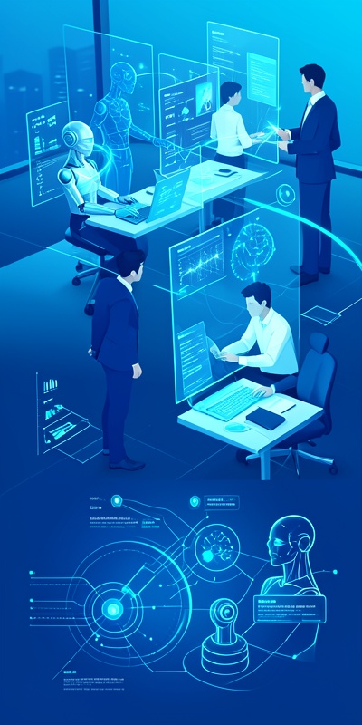 Future of human and AI collaboration in modern digital workspace with holographic interfaces