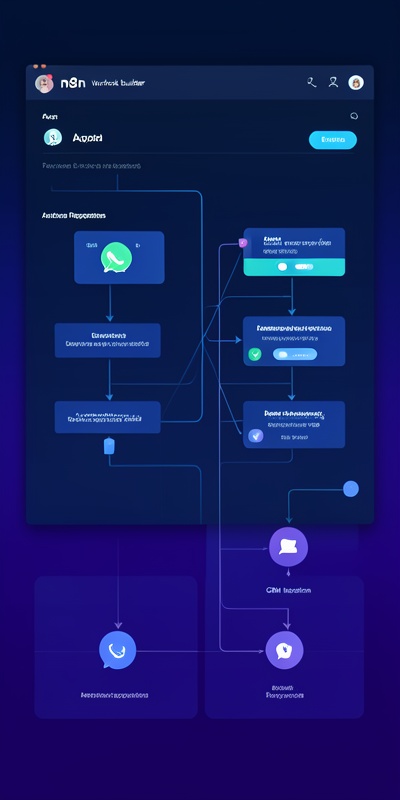 n8n workflow builder showing WhatsApp webhook nodes with automated response flows and CRM integration
