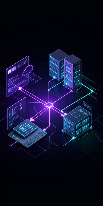 Data flow visualization showing automation infrastructure scaling from small to enterprise workloads