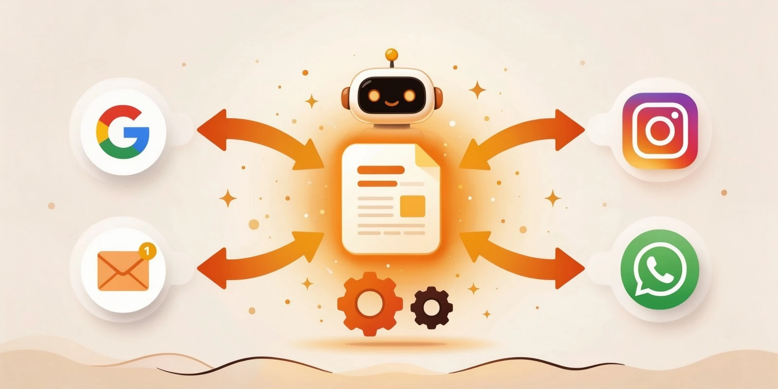 Automated social media posting workflow showing one blog article transforming into multiple platform posts across Google, Instagram, WhatsApp and email