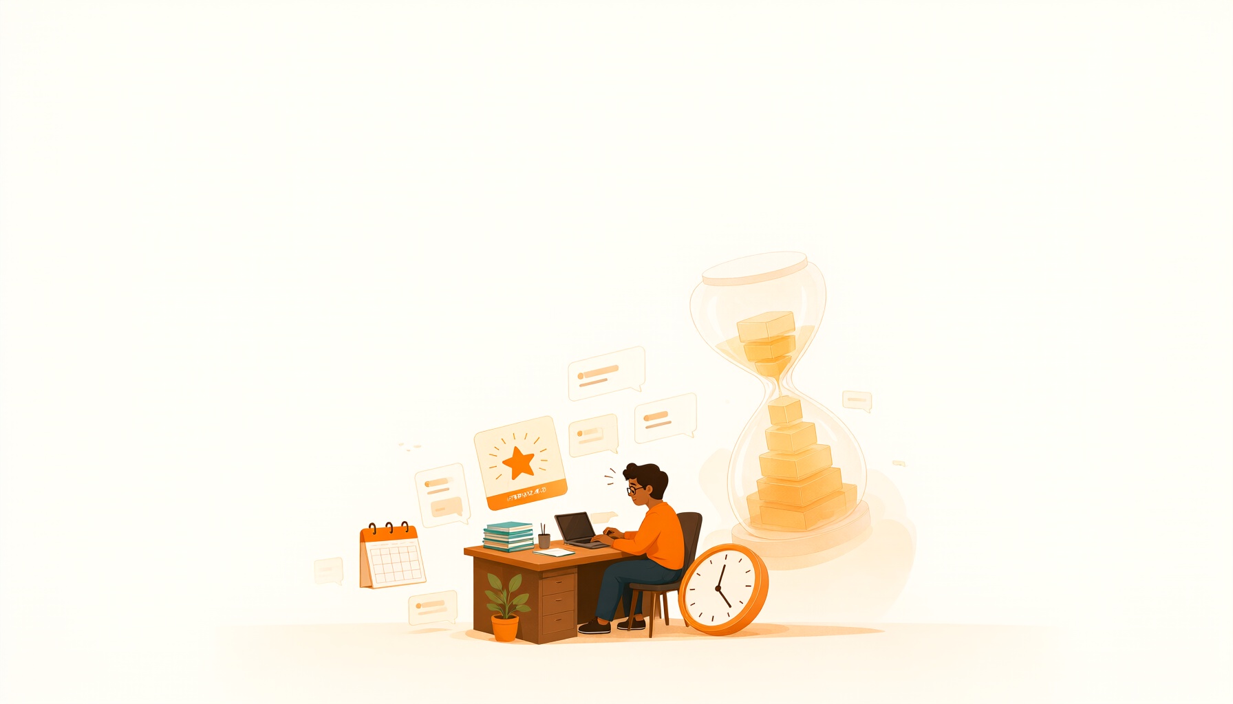 Illustration of a small business owner at a desk at night surrounded by floating chat, calendar, review and clock panels representing 31 hours of weekly marketing work