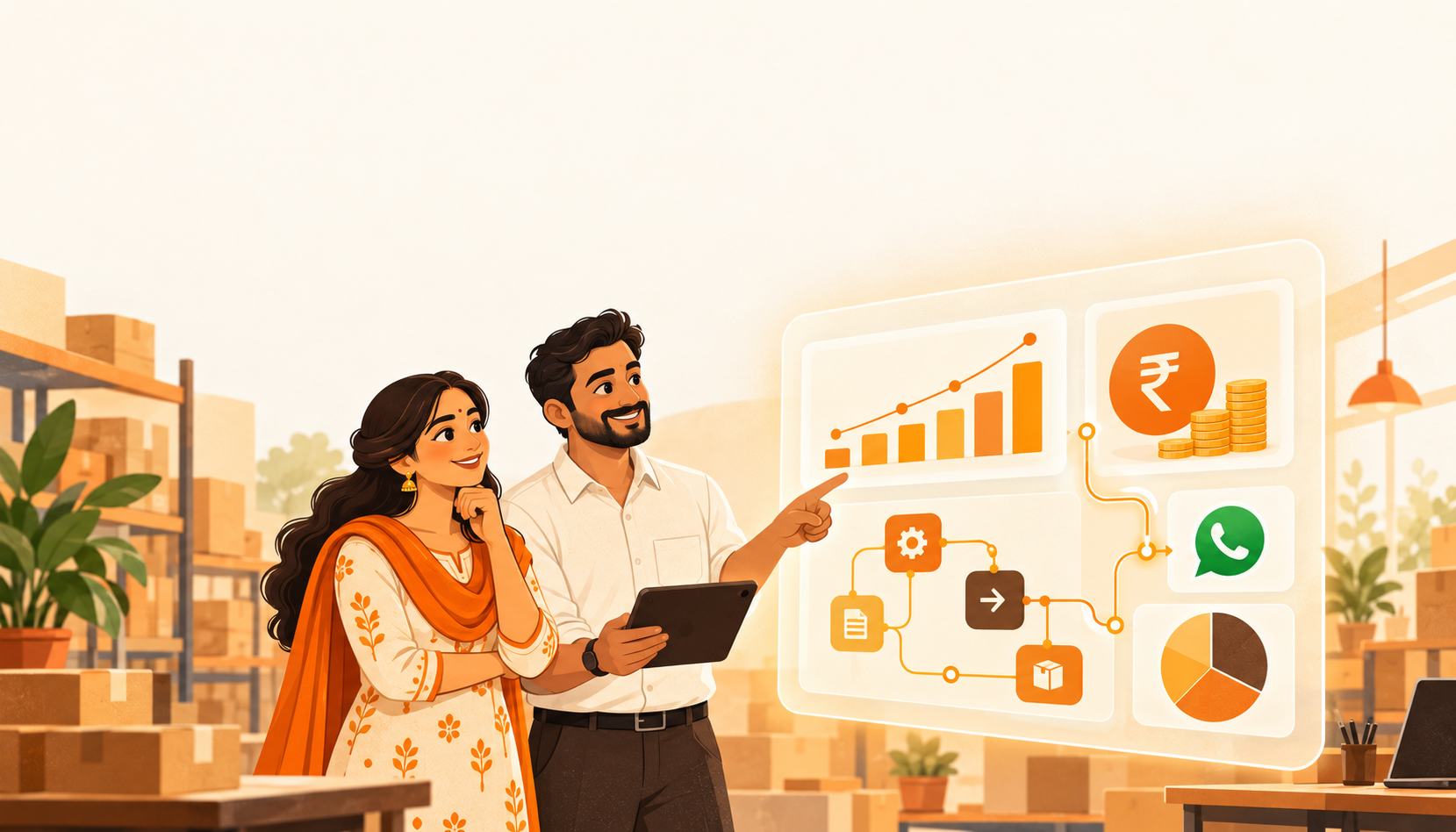 AI automation cost illustration showing an Indian small business owner next to a monthly cost dashboard with rupee charts and connected workflows